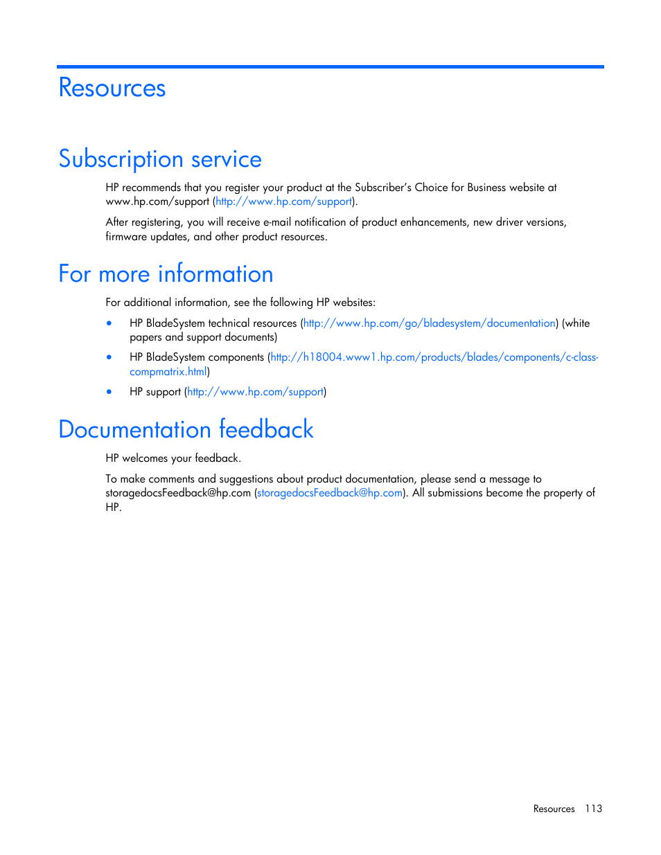 Resources, Subscription service, For more information | Documentation feedback | HP PCIe IO Accelerators for ProLiant Servers User Manual | Page 113 / 130