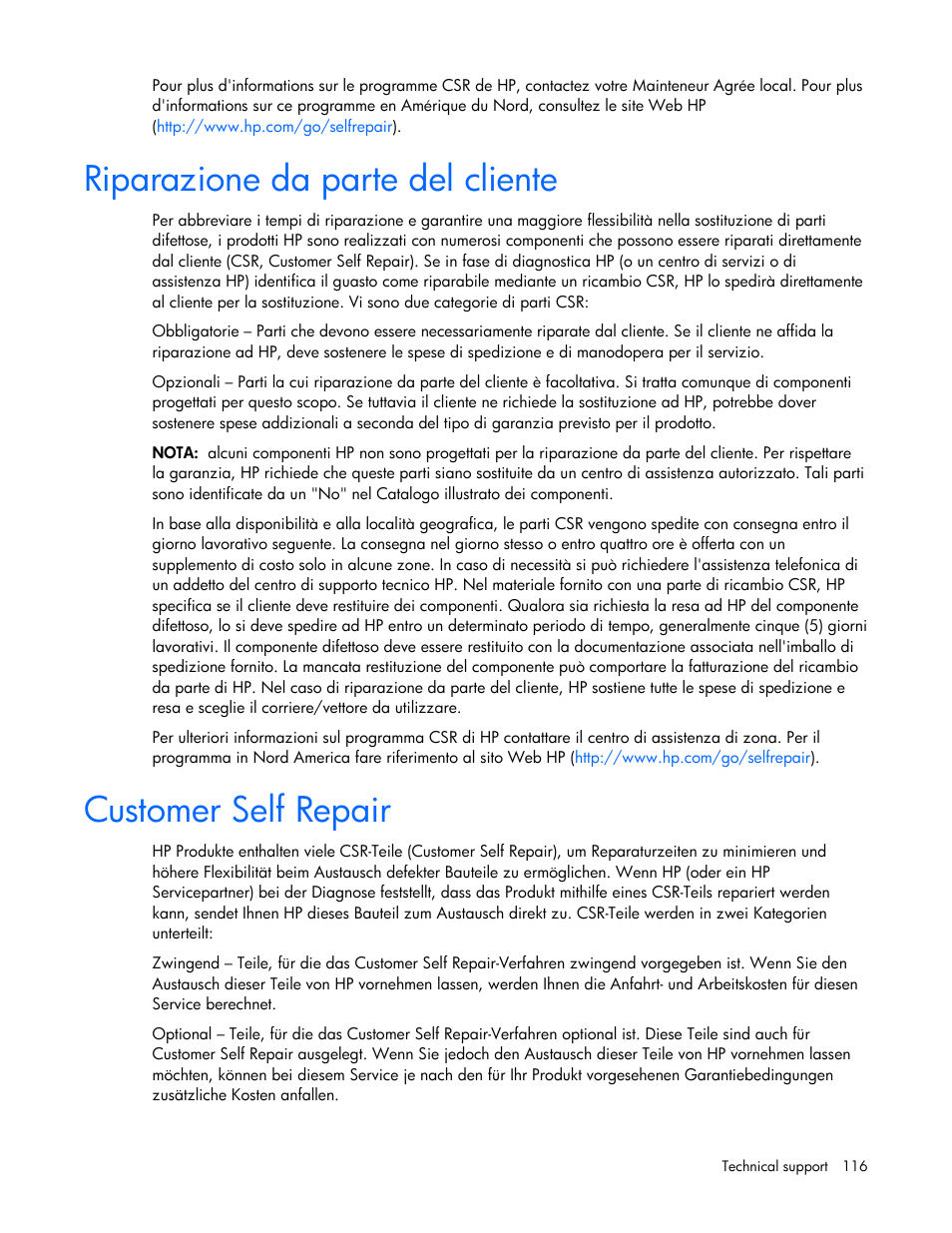 Riparazione da parte del cliente, Customer self repair | HP PCIe IO Accelerators for ProLiant Servers User Manual | Page 116 / 130