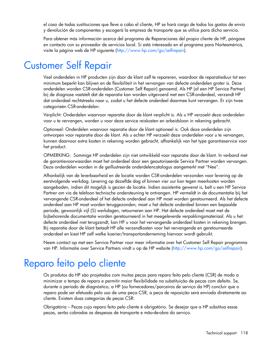 Customer self repair, Reparo feito pelo cliente | HP PCIe IO Accelerators for ProLiant Servers User Manual | Page 118 / 130