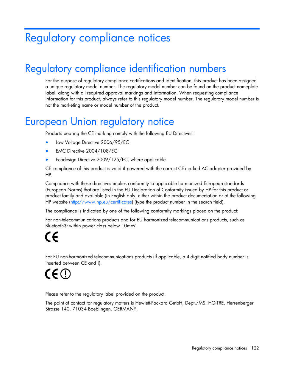 Regulatory compliance notices, Regulatory compliance identification numbers, European union regulatory notice | HP PCIe IO Accelerators for ProLiant Servers User Manual | Page 122 / 130