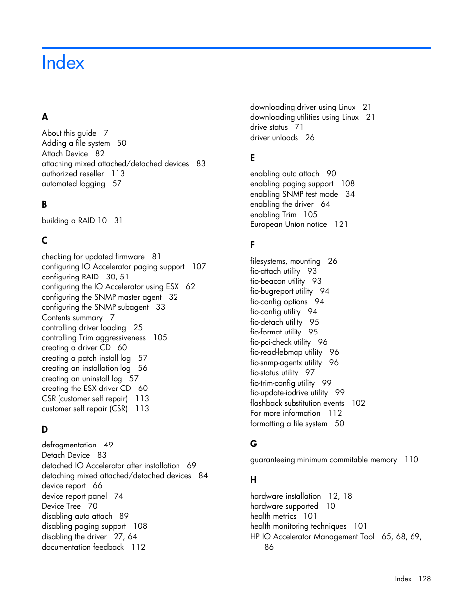 Index | HP PCIe IO Accelerators for ProLiant Servers User Manual | Page 128 / 130