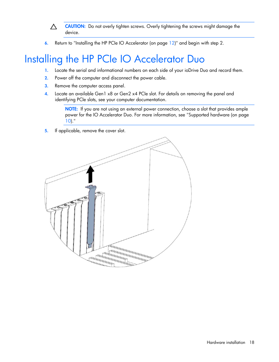 Installing the hp pcie io accelerator duo | HP PCIe IO Accelerators for ProLiant Servers User Manual | Page 18 / 130