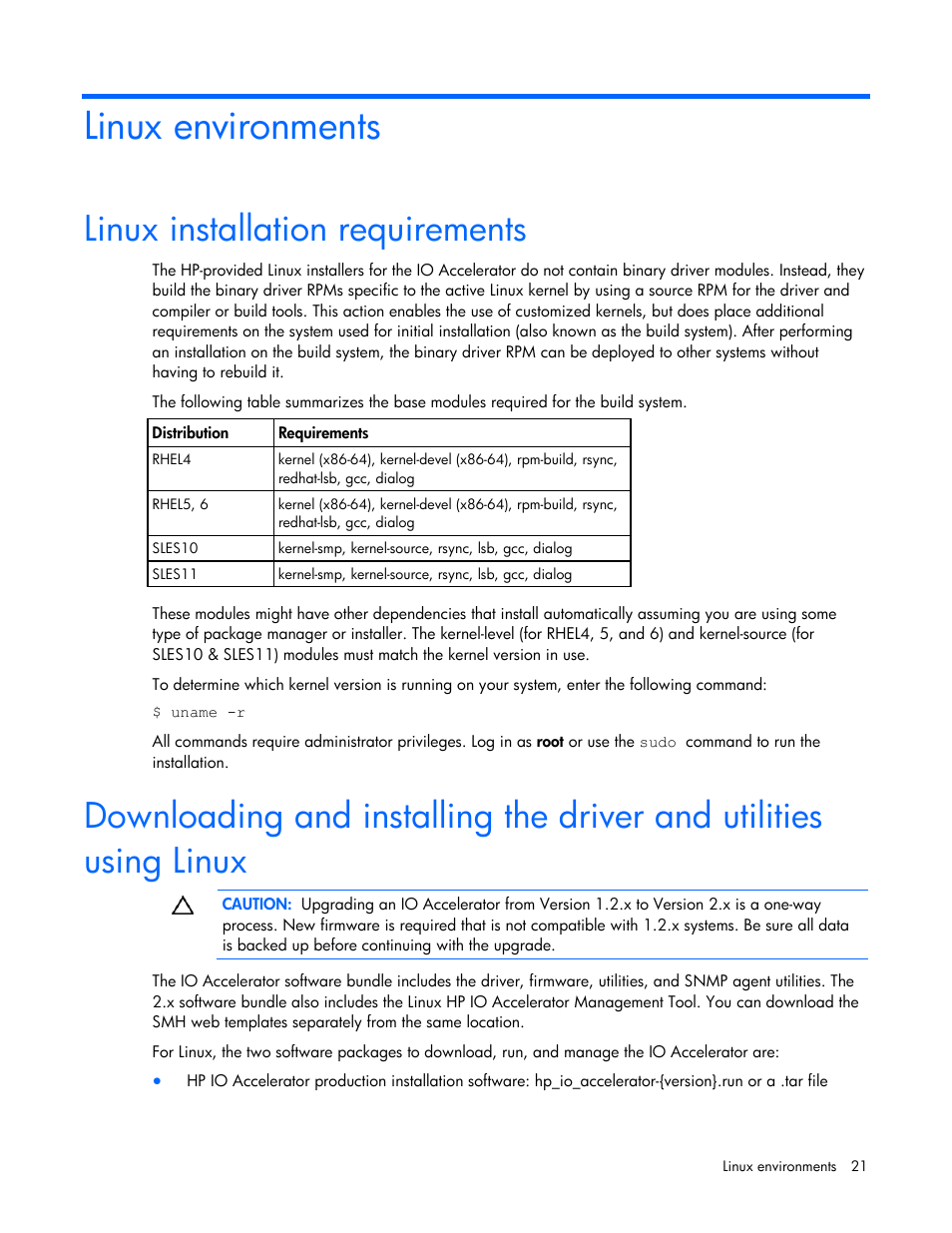 Linux environments, Linux installation requirements | HP PCIe IO Accelerators for ProLiant Servers User Manual | Page 21 / 130