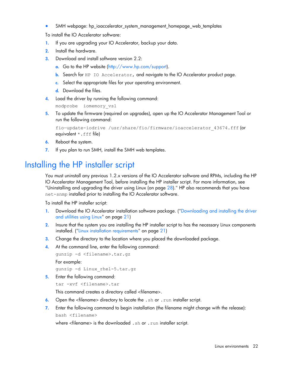 Installing the hp installer script | HP PCIe IO Accelerators for ProLiant Servers User Manual | Page 22 / 130