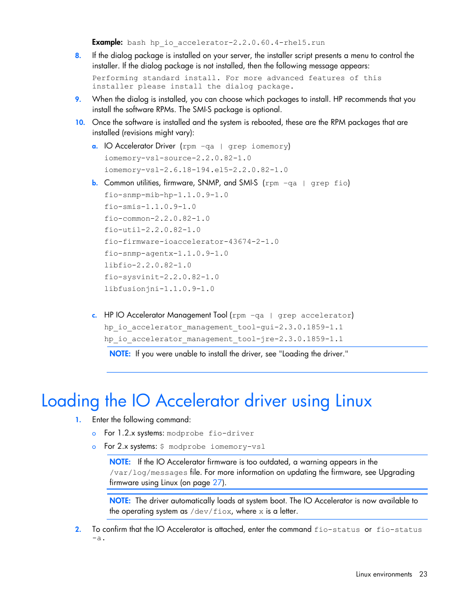 Loading the io accelerator driver using linux | HP PCIe IO Accelerators for ProLiant Servers User Manual | Page 23 / 130