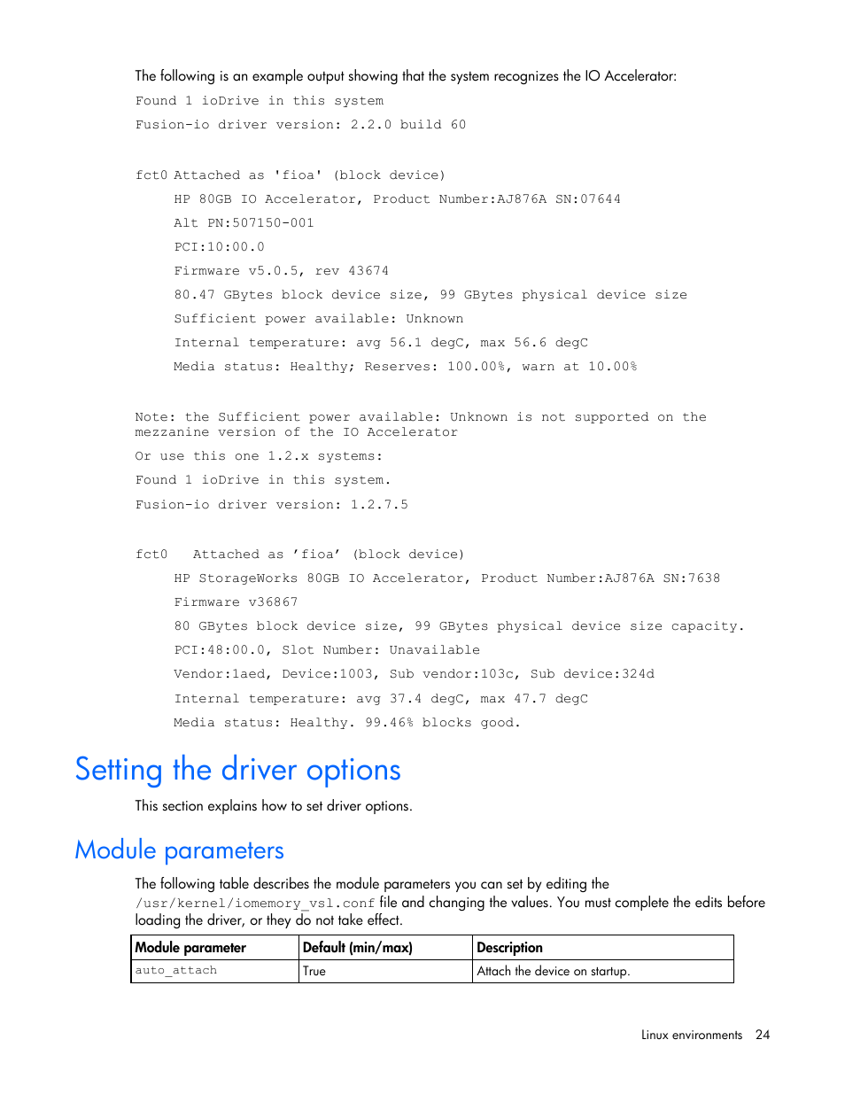 Setting the driver options, Module parameters | HP PCIe IO Accelerators for ProLiant Servers User Manual | Page 24 / 130