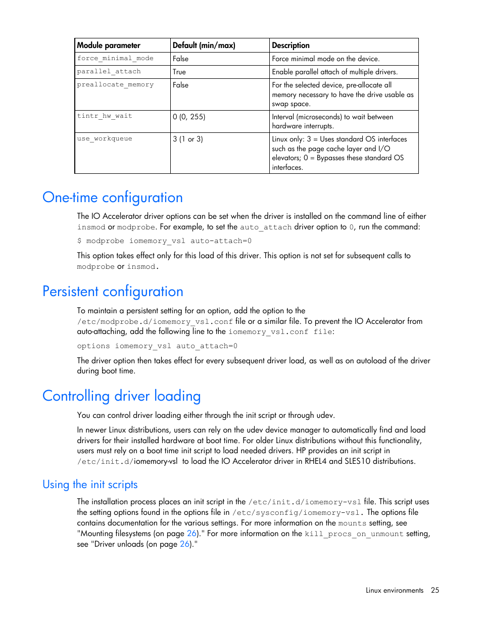 One-time configuration, Persistent configuration, Controlling driver loading | Using the init scripts | HP PCIe IO Accelerators for ProLiant Servers User Manual | Page 25 / 130