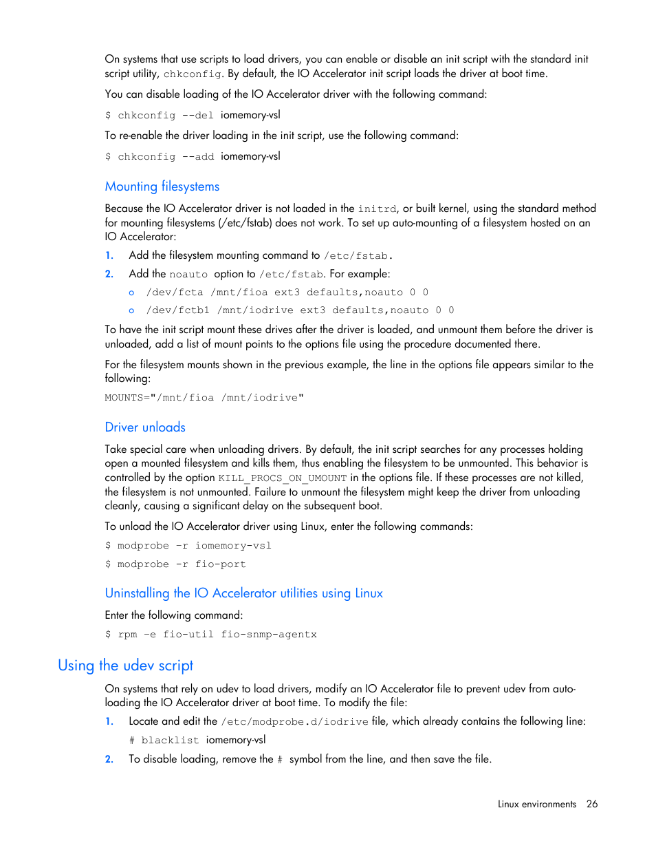 Mounting filesystems, Driver unloads, Using the udev script | HP PCIe IO Accelerators for ProLiant Servers User Manual | Page 26 / 130