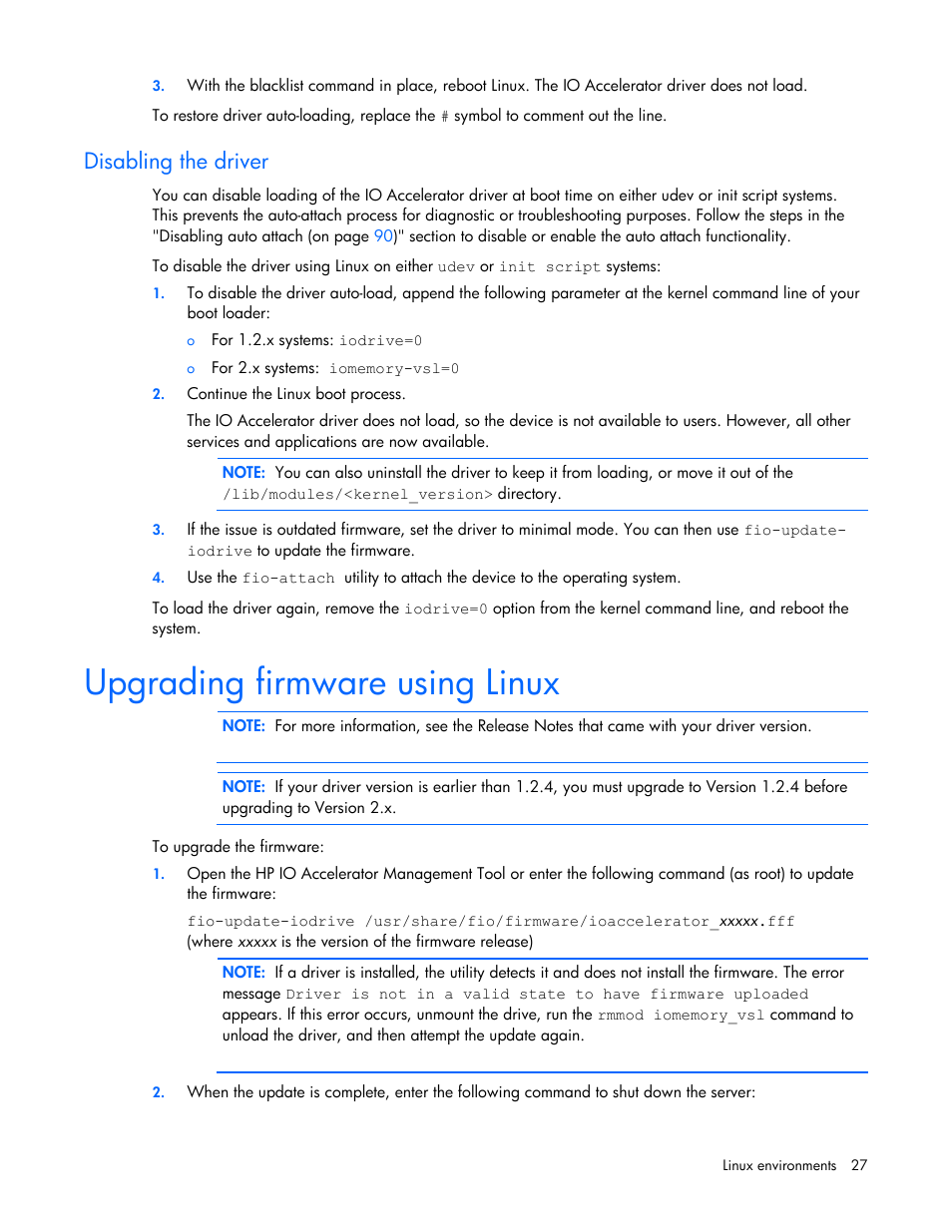Disabling the driver, Upgrading firmware using linux | HP PCIe IO Accelerators for ProLiant Servers User Manual | Page 27 / 130