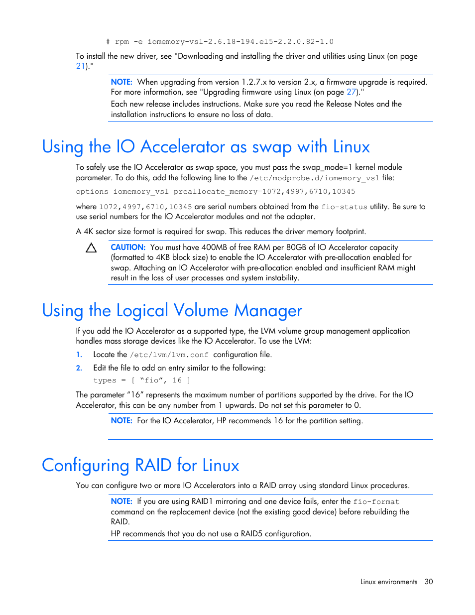 Using the io accelerator as swap with linux, Using the logical volume manager, Configuring raid for linux | HP PCIe IO Accelerators for ProLiant Servers User Manual | Page 30 / 130