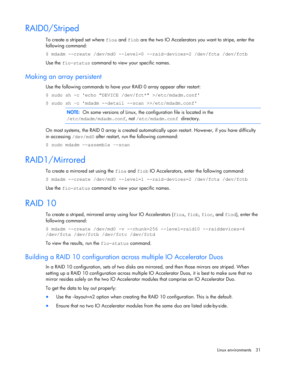 Raid0/striped, Making an array persistent, Raid1/mirrored | Raid 10 | HP PCIe IO Accelerators for ProLiant Servers User Manual | Page 31 / 130