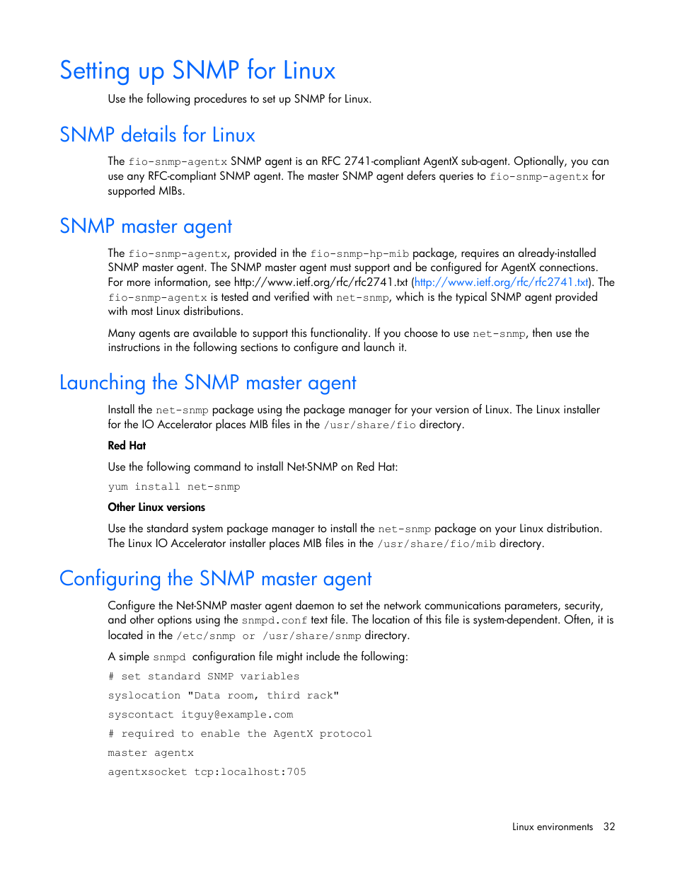 Setting up snmp for linux, Snmp details for linux, Snmp master agent | Launching the snmp master agent, Configuring the snmp master agent | HP PCIe IO Accelerators for ProLiant Servers User Manual | Page 32 / 130