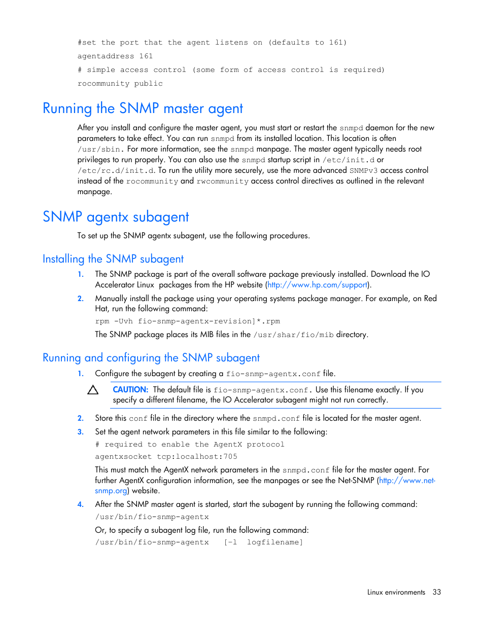Running the snmp master agent, Snmp agentx subagent, Installing the snmp subagent | Running and configuring the snmp subagent | HP PCIe IO Accelerators for ProLiant Servers User Manual | Page 33 / 130