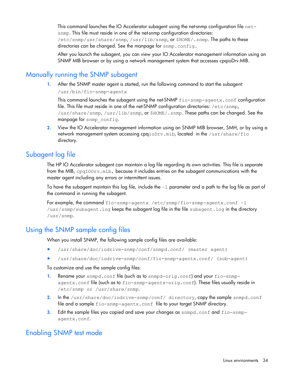 Manually running the snmp subagent, Subagent log file, Using the snmp sample config files | Enabling snmp test mode | HP PCIe IO Accelerators for ProLiant Servers User Manual | Page 34 / 130