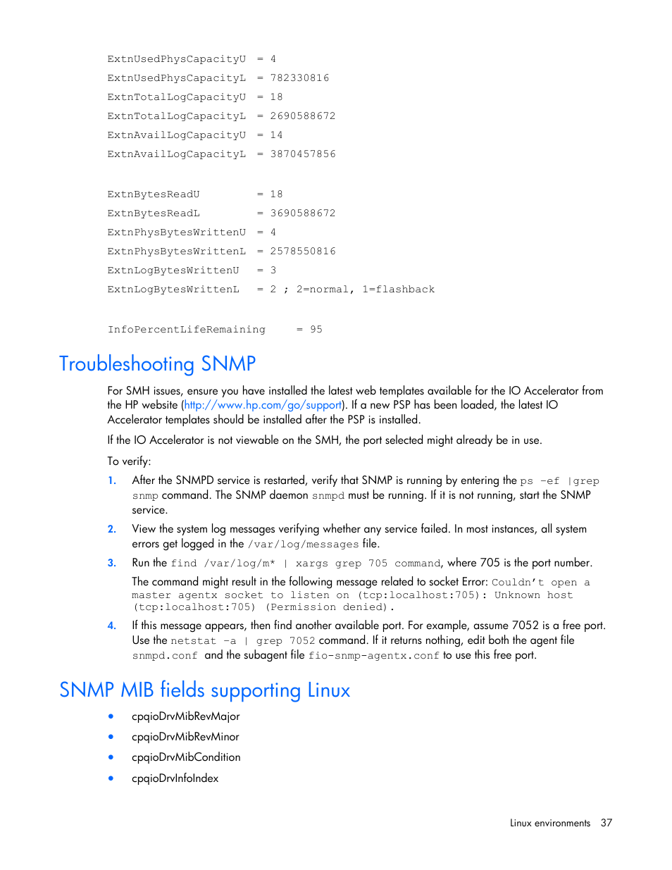 Troubleshooting snmp, Snmp mib fields supporting linux | HP PCIe IO Accelerators for ProLiant Servers User Manual | Page 37 / 130