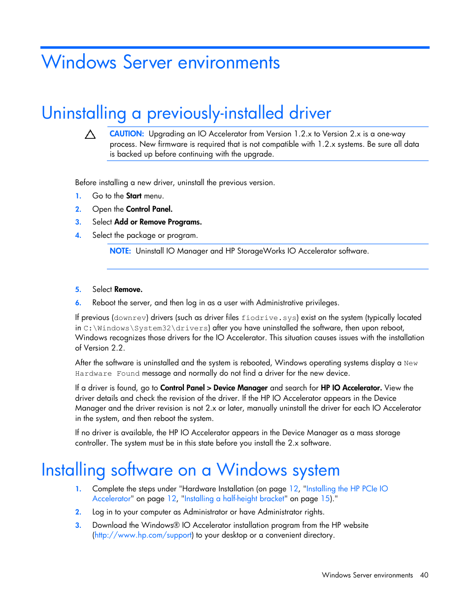 Windows server environments, Uninstalling a previously-installed driver, Installing software on a windows system | HP PCIe IO Accelerators for ProLiant Servers User Manual | Page 40 / 130