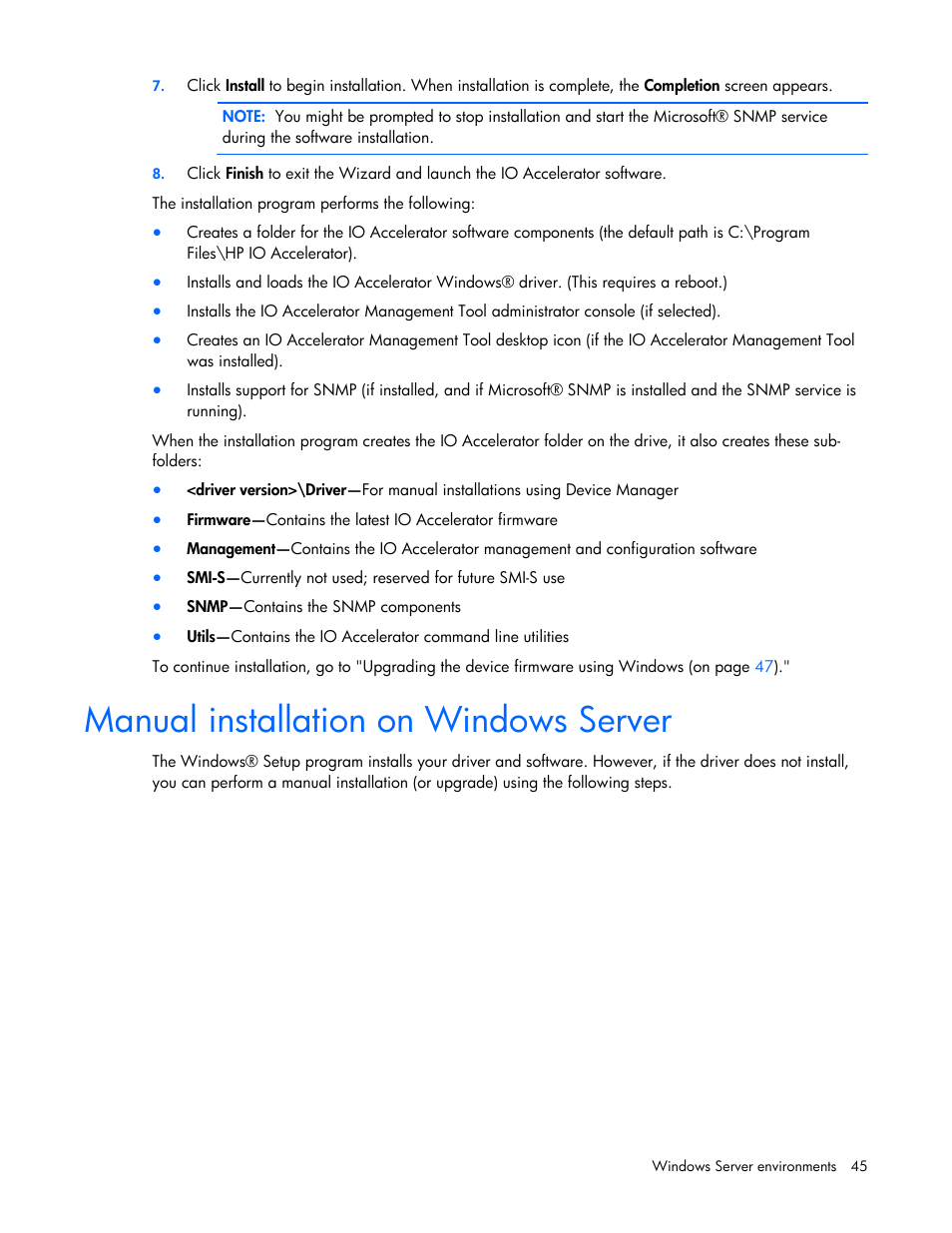 Manual installation on windows server | HP PCIe IO Accelerators for ProLiant Servers User Manual | Page 45 / 130