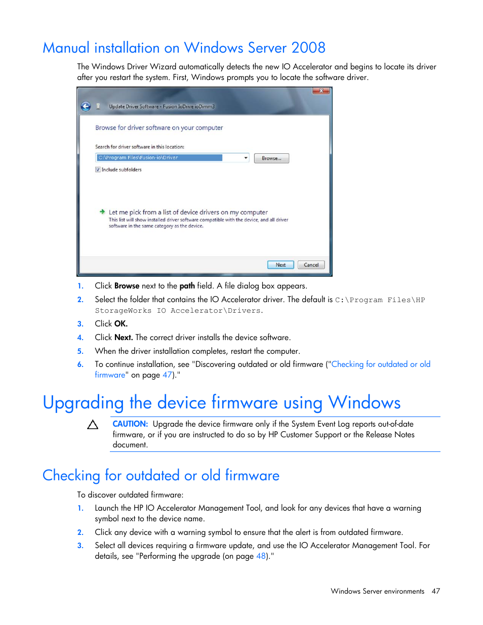 Manual installation on windows server 2008, Upgrading the device firmware using windows, Checking for outdated or old firmware | HP PCIe IO Accelerators for ProLiant Servers User Manual | Page 47 / 130