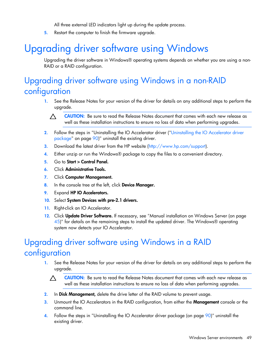 Upgrading driver software using windows | HP PCIe IO Accelerators for ProLiant Servers User Manual | Page 49 / 130