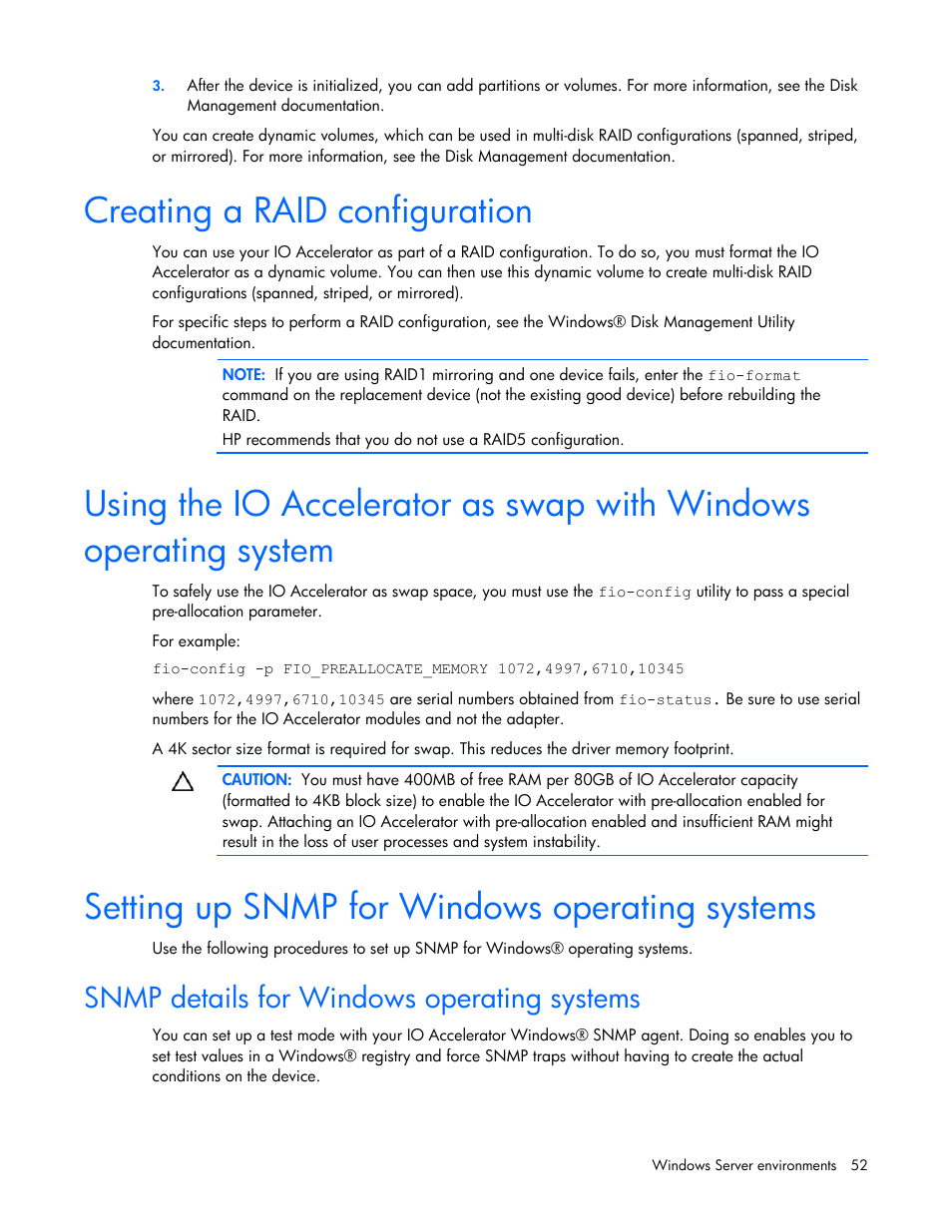 Creating a raid configuration, Setting up snmp for windows operating systems, Snmp details for windows operating systems | HP PCIe IO Accelerators for ProLiant Servers User Manual | Page 52 / 130