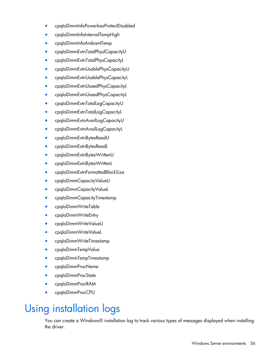 Using installation logs | HP PCIe IO Accelerators for ProLiant Servers User Manual | Page 56 / 130