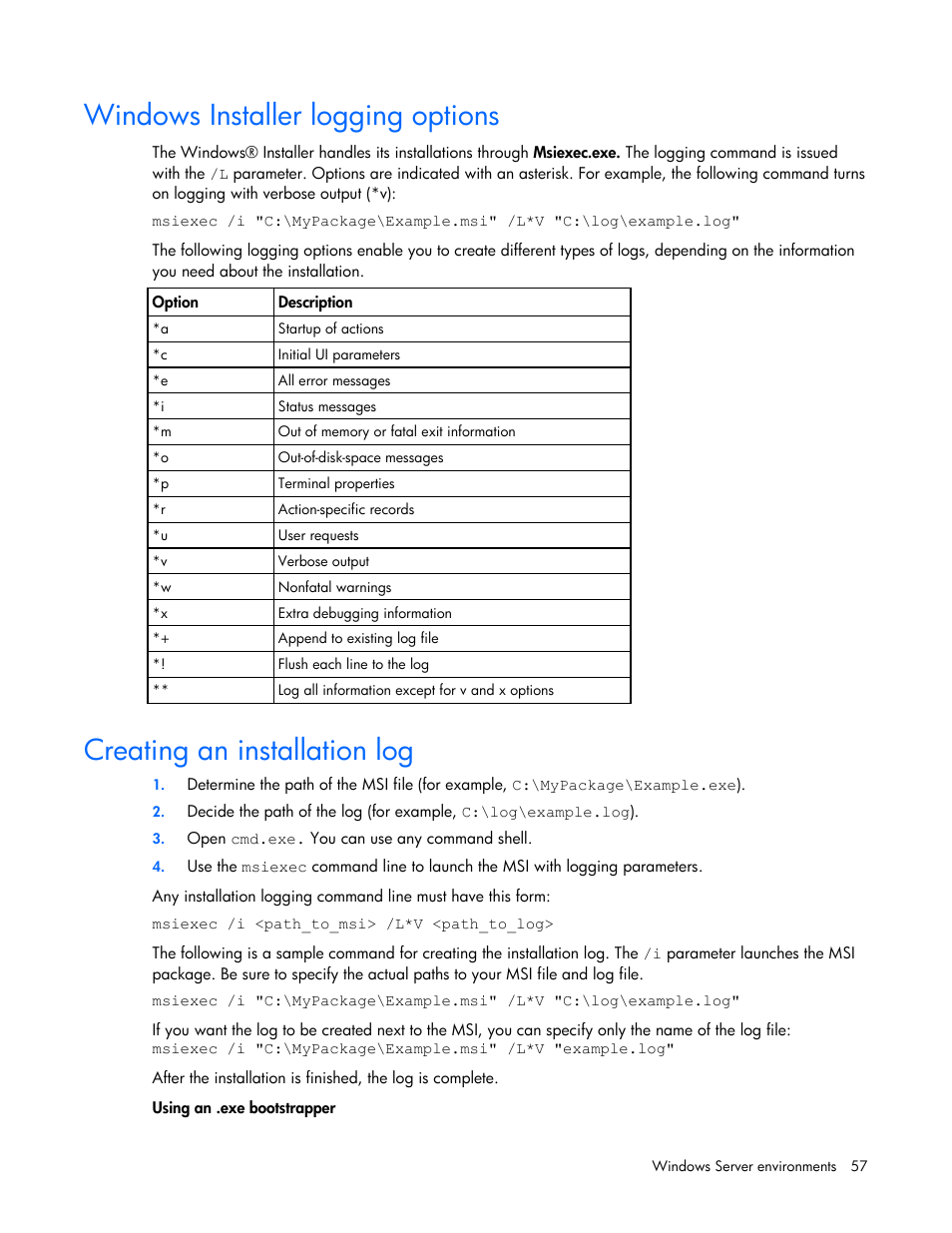 Windows installer logging options, Creating an installation log | HP PCIe IO Accelerators for ProLiant Servers User Manual | Page 57 / 130