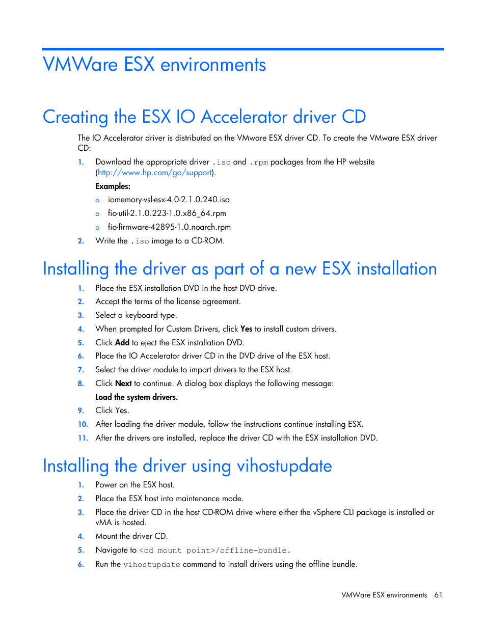 Vmware esx environments, Creating the esx io accelerator driver cd, Installing the driver using vihostupdate | HP PCIe IO Accelerators for ProLiant Servers User Manual | Page 61 / 130