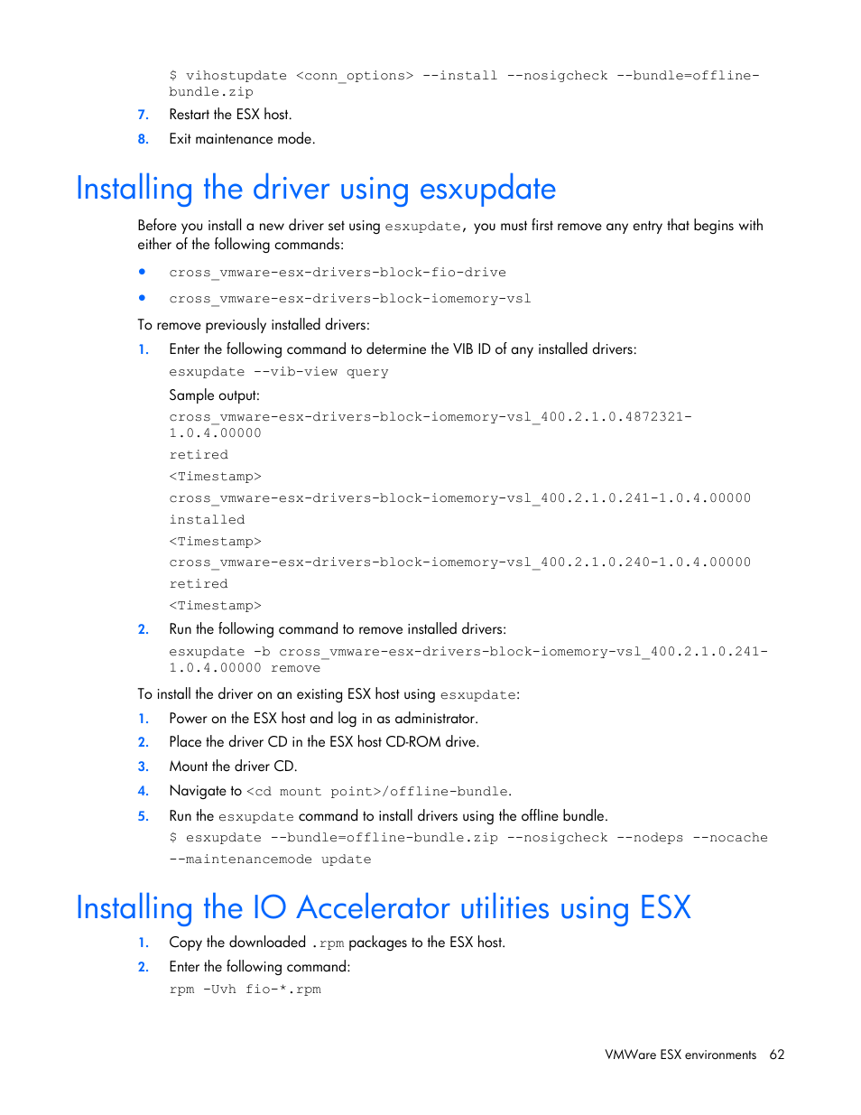 Installing the driver using esxupdate, Installing the io accelerator utilities using esx | HP PCIe IO Accelerators for ProLiant Servers User Manual | Page 62 / 130