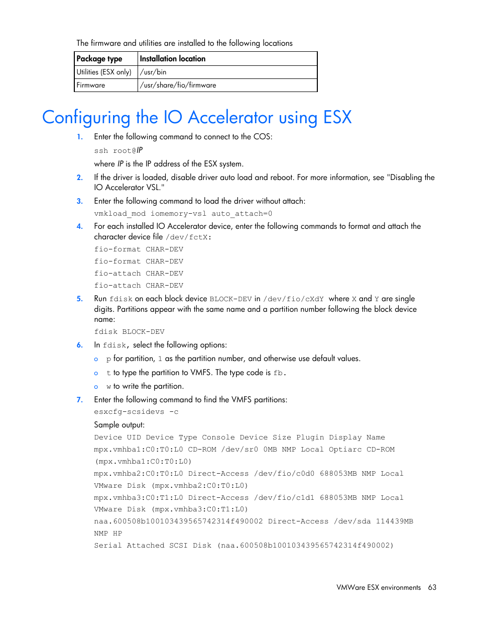 Configuring the io accelerator using esx | HP PCIe IO Accelerators for ProLiant Servers User Manual | Page 63 / 130