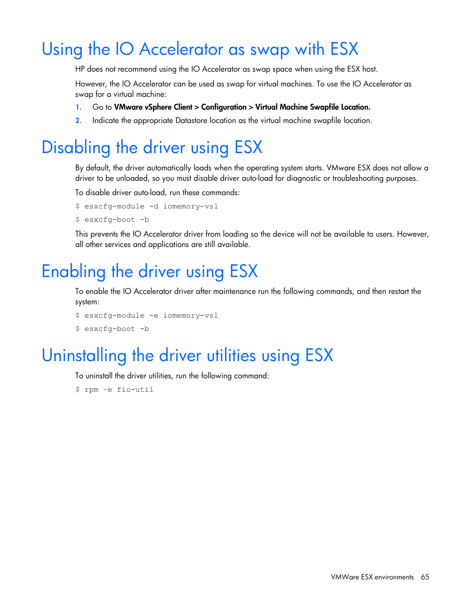 Using the io accelerator as swap with esx, Disabling the driver using esx, Enabling the driver using esx | Uninstalling the driver utilities using esx | HP PCIe IO Accelerators for ProLiant Servers User Manual | Page 65 / 130
