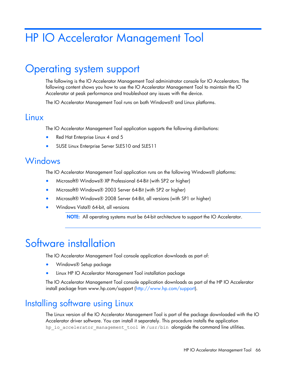 Hp io accelerator management tool, Operating system support, Linux | Windows, Software installation, Installing software using linux | HP PCIe IO Accelerators for ProLiant Servers User Manual | Page 66 / 130