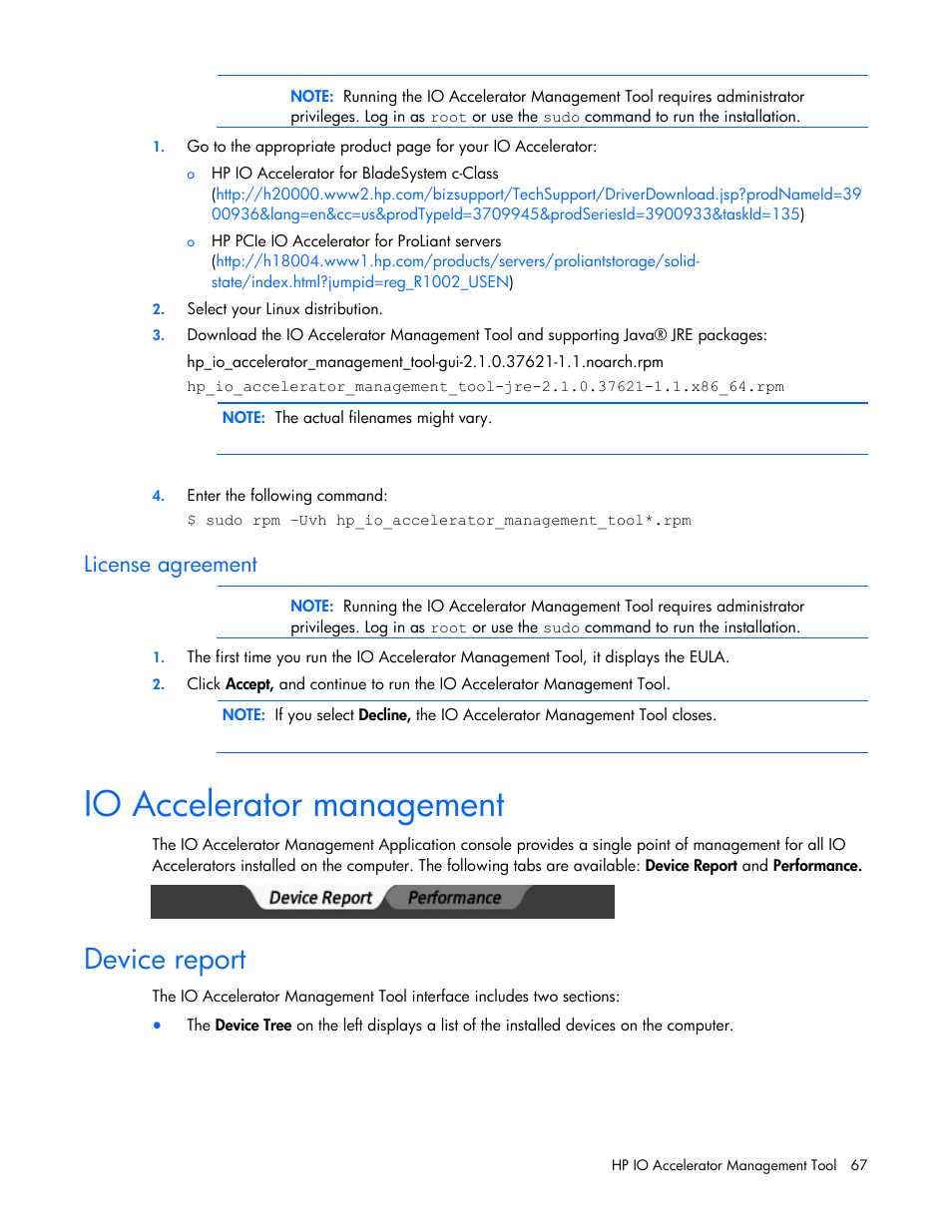 License agreement, Io accelerator management, Device report | HP PCIe IO Accelerators for ProLiant Servers User Manual | Page 67 / 130