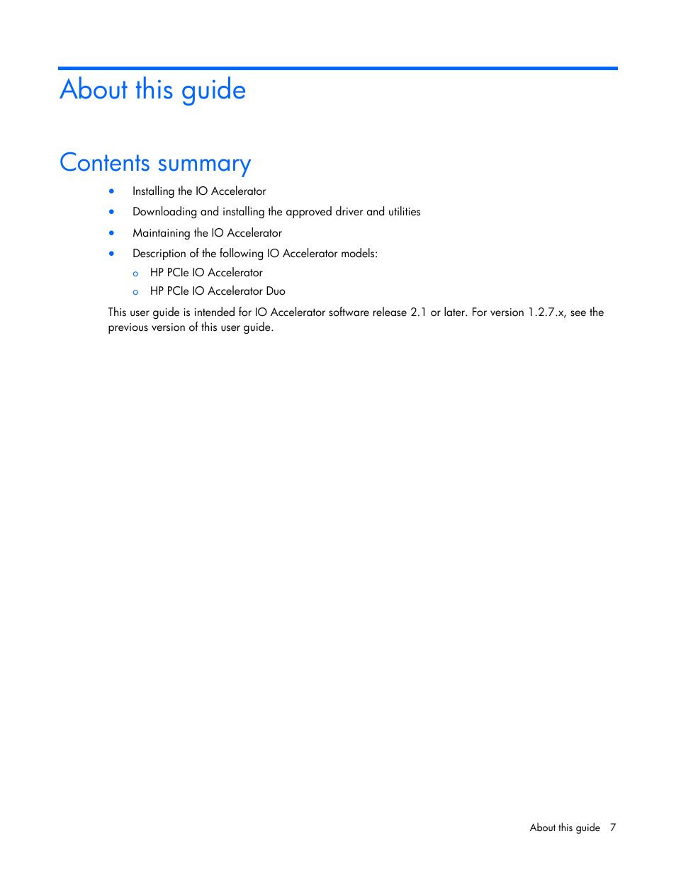 About this guide, Contents summary | HP PCIe IO Accelerators for ProLiant Servers User Manual | Page 7 / 130