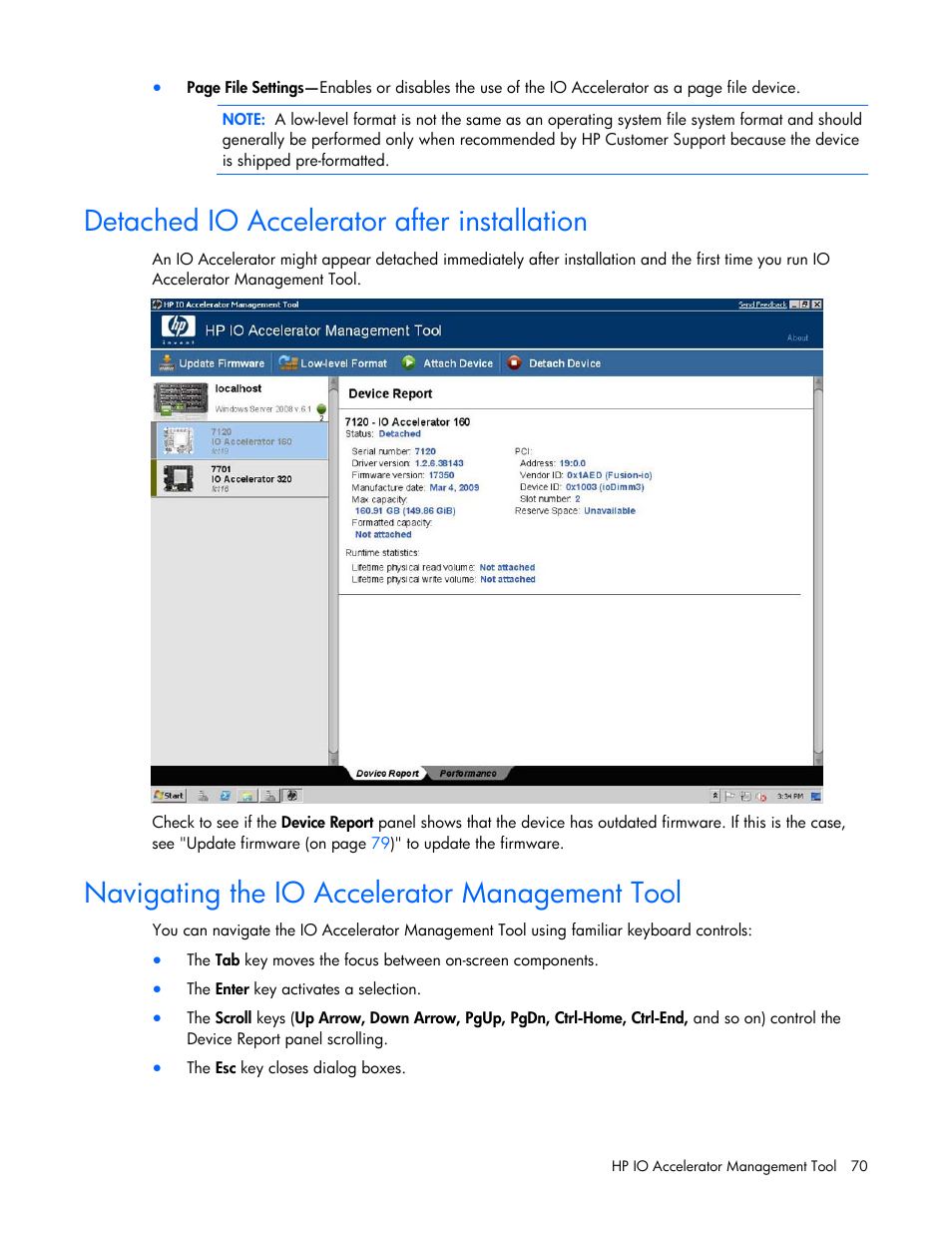 Detached io accelerator after installation, Navigating the io accelerator management tool | HP PCIe IO Accelerators for ProLiant Servers User Manual | Page 70 / 130