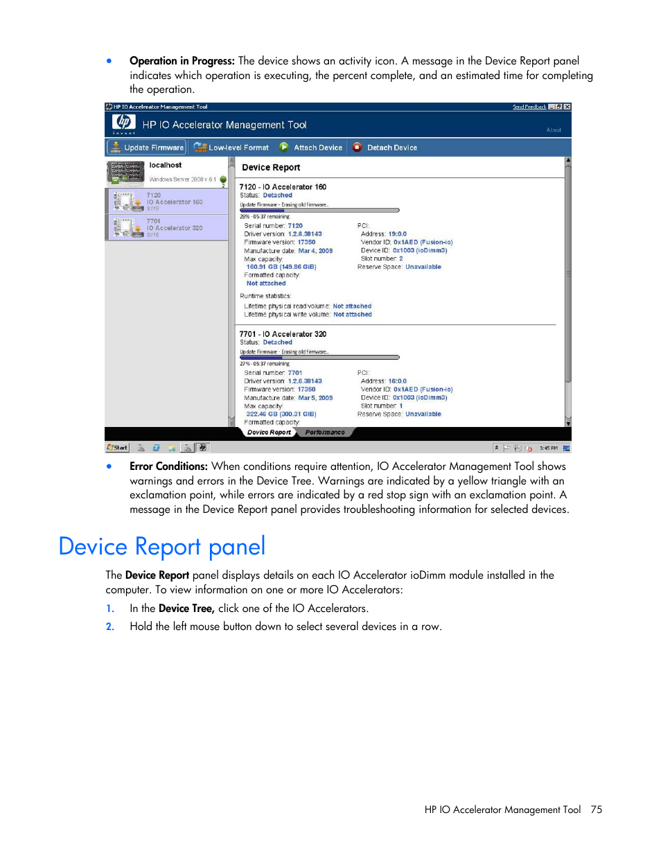 Device report panel | HP PCIe IO Accelerators for ProLiant Servers User Manual | Page 75 / 130