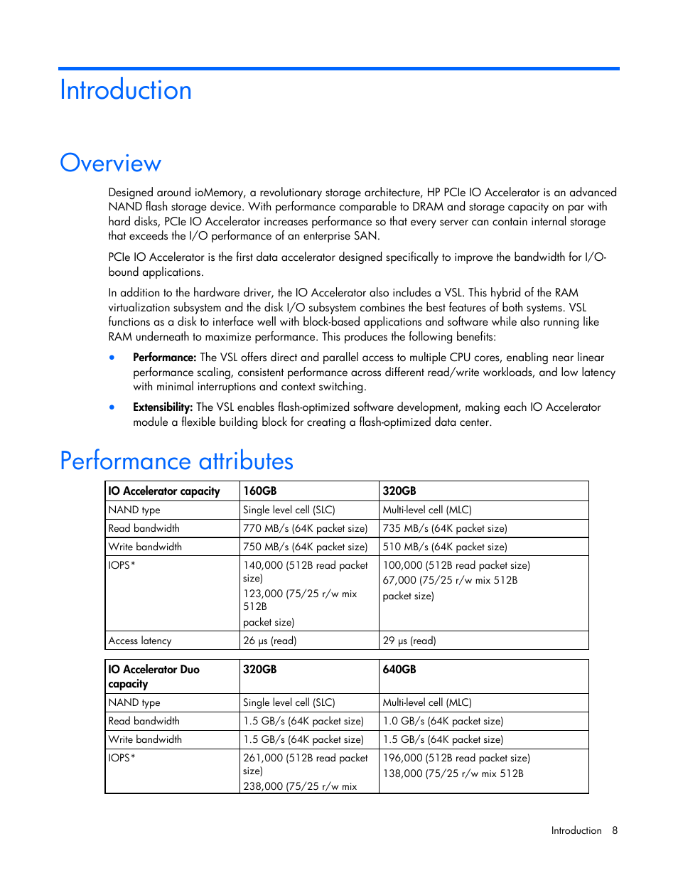 Introduction, Overview, Performance attributes | HP PCIe IO Accelerators for ProLiant Servers User Manual | Page 8 / 130