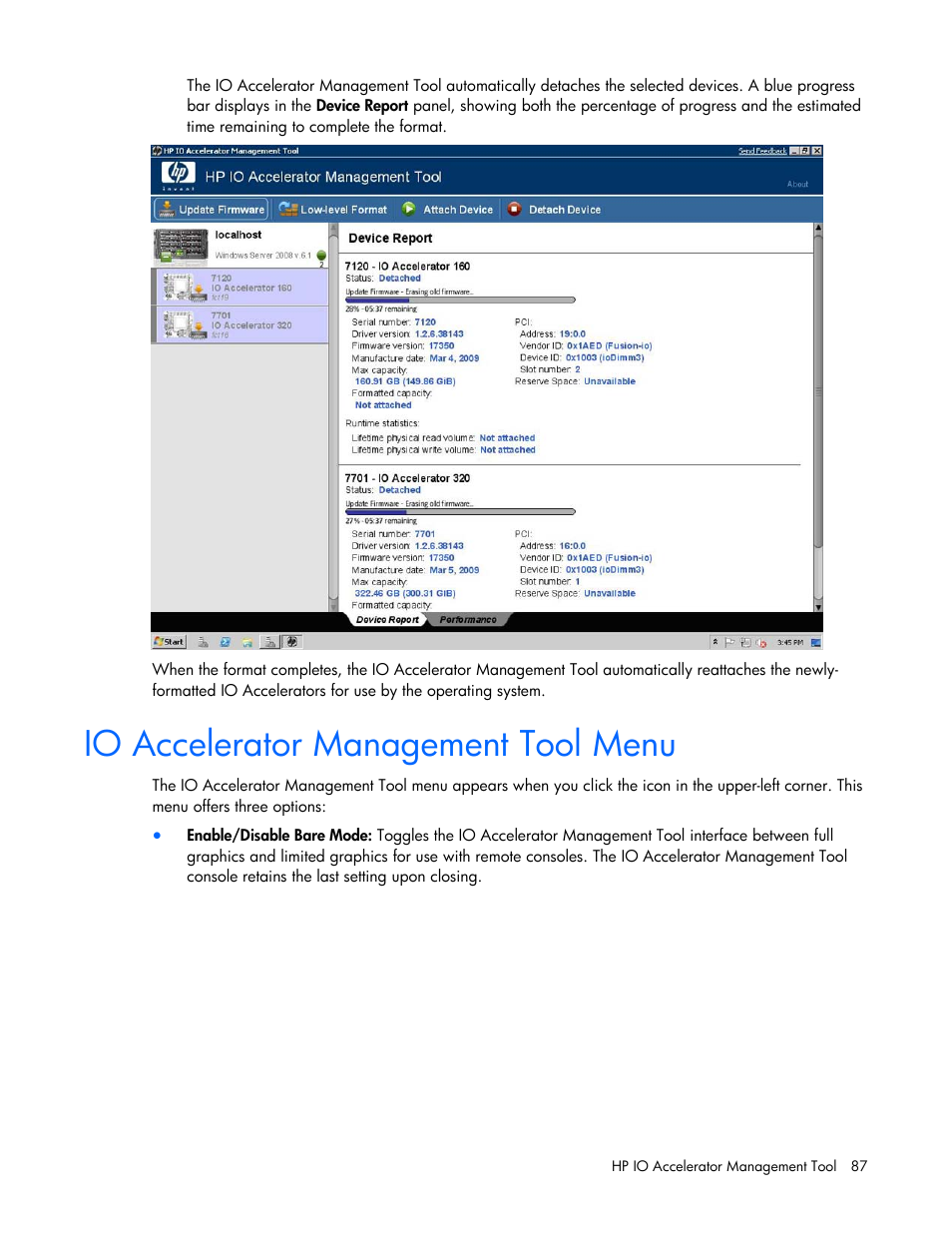 Io accelerator management tool menu | HP PCIe IO Accelerators for ProLiant Servers User Manual | Page 87 / 130