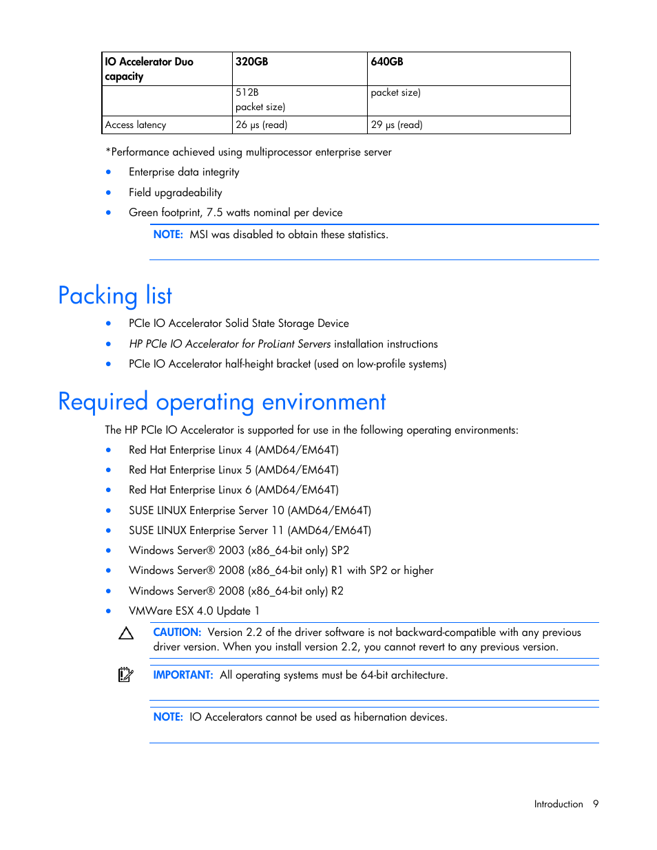 Packing list, Required operating environment | HP PCIe IO Accelerators for ProLiant Servers User Manual | Page 9 / 130