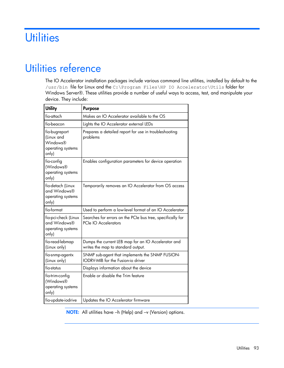 Utilities, Utilities reference | HP PCIe IO Accelerators for ProLiant Servers User Manual | Page 93 / 130