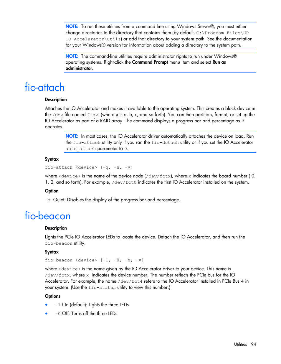Fio-attach, Fio-beacon | HP PCIe IO Accelerators for ProLiant Servers User Manual | Page 94 / 130