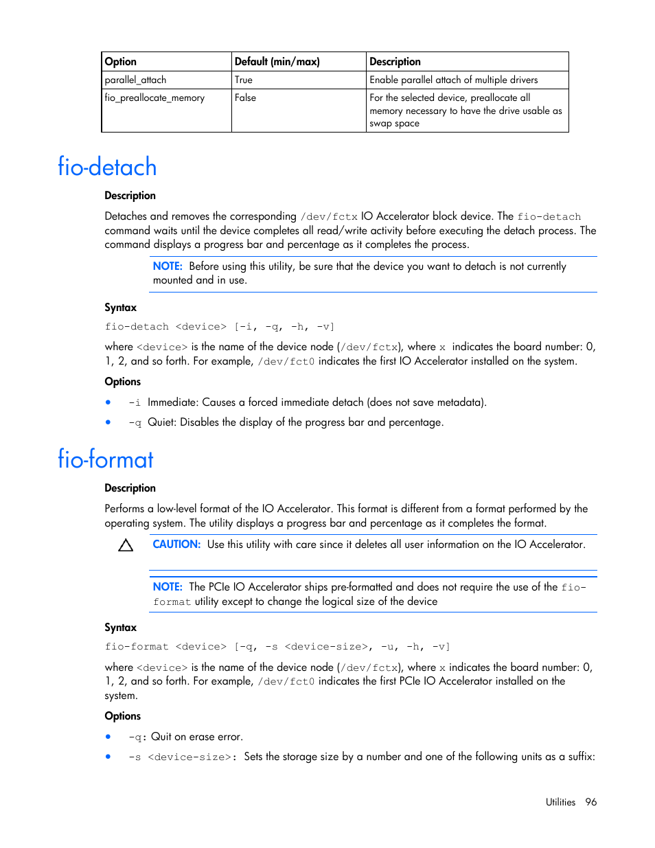 Fio-detach, Fio-format | HP PCIe IO Accelerators for ProLiant Servers User Manual | Page 96 / 130