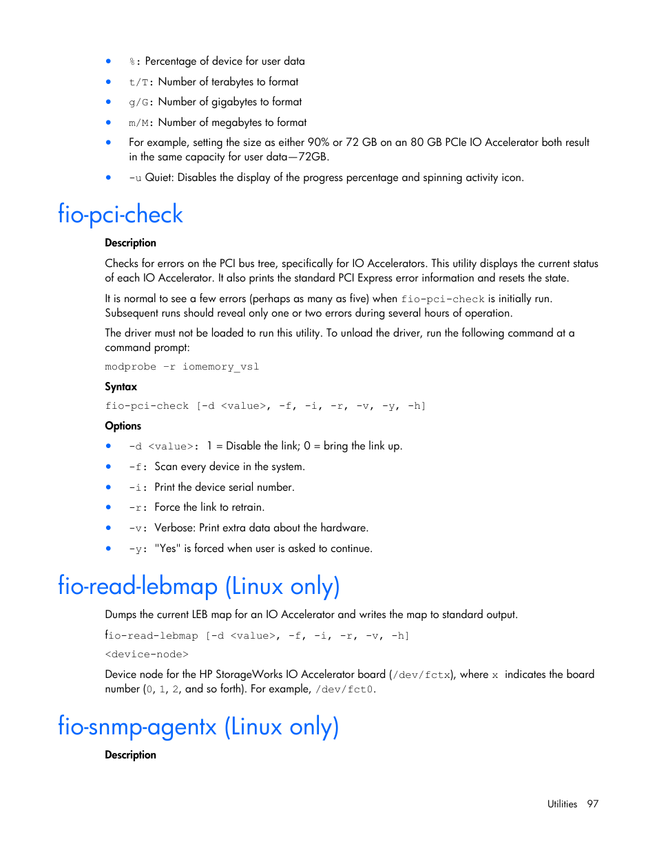 Fio-pci-check, Fio-read-lebmap (linux only), Fio-snmp-agentx (linux only) | HP PCIe IO Accelerators for ProLiant Servers User Manual | Page 97 / 130