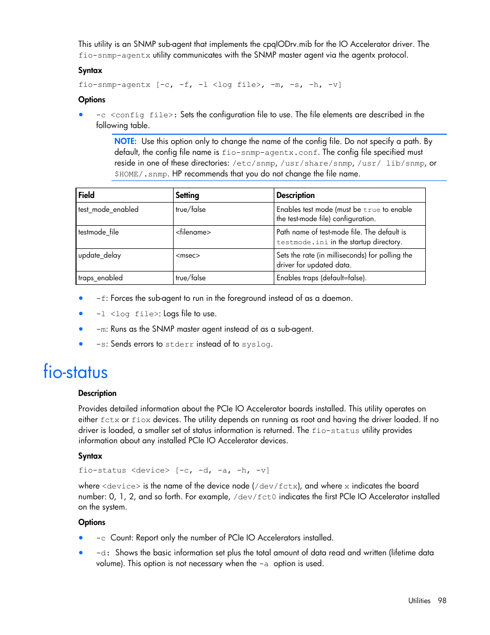 Fio-status | HP PCIe IO Accelerators for ProLiant Servers User Manual | Page 98 / 130