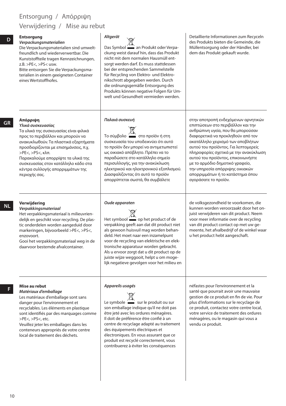 Entsorgung, Mise au rebut verwijdering, Απόρριψη | AEG HM4400 User Manual | Page 10 / 16