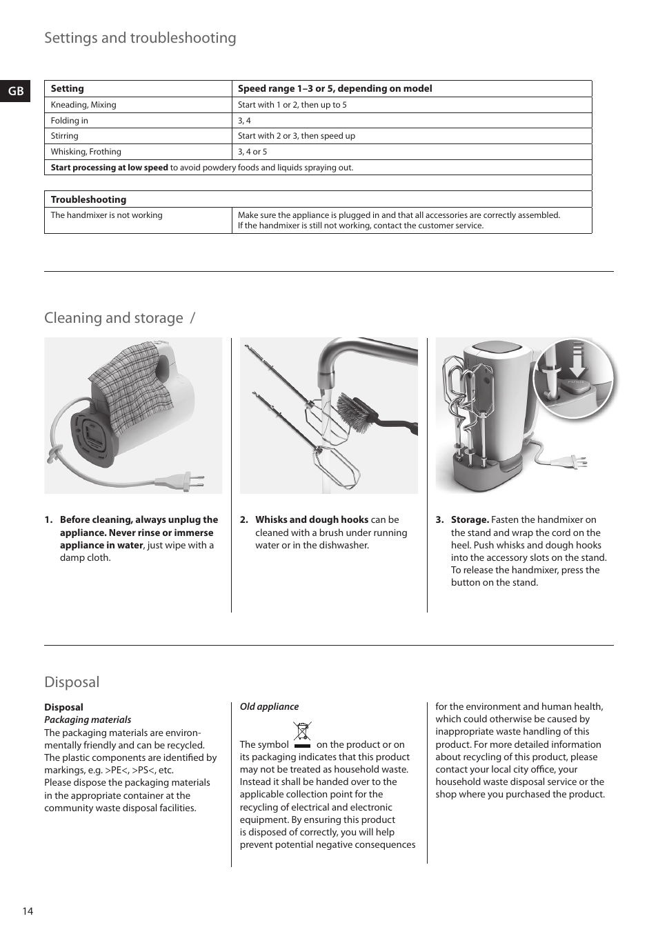 Settings and troubleshooting, Cleaning and storage, Disposal | AEG HM4400 User Manual | Page 14 / 16