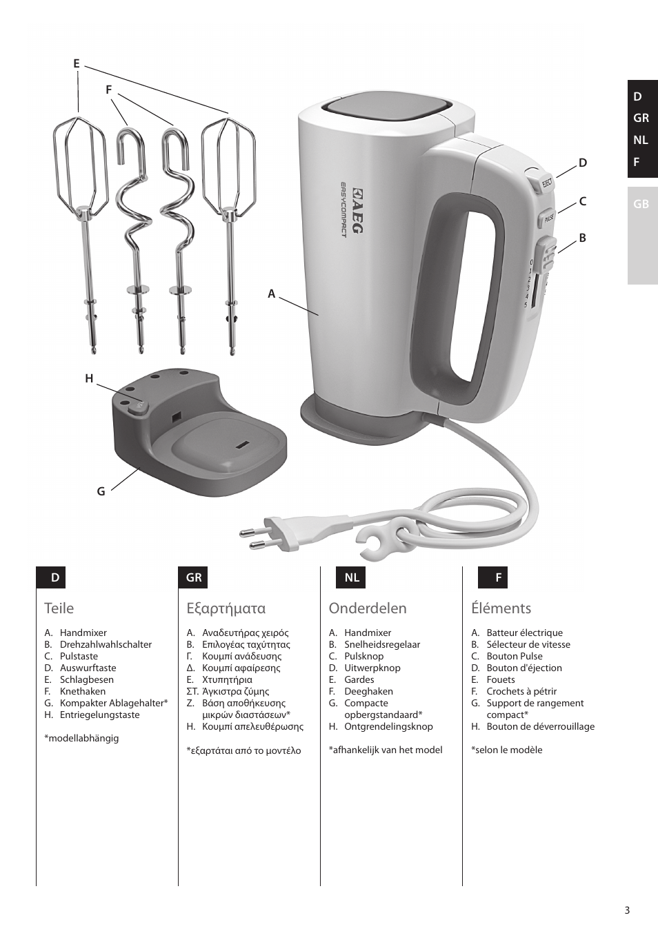 Teile, Éléments, Onderdelen | Εξαρτήματα | AEG HM4400 User Manual | Page 3 / 16