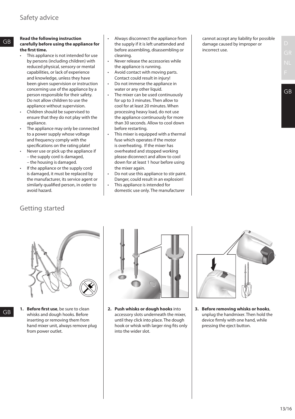 Safety advice, Getting started | AEG HM6200 User Manual | Page 13 / 16