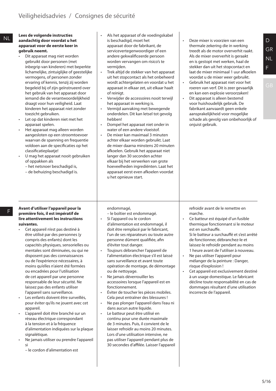 Veiligheidsadvies, Consignes de sécurité, D gr nl f gb nl f | AEG HM6200 User Manual | Page 5 / 16