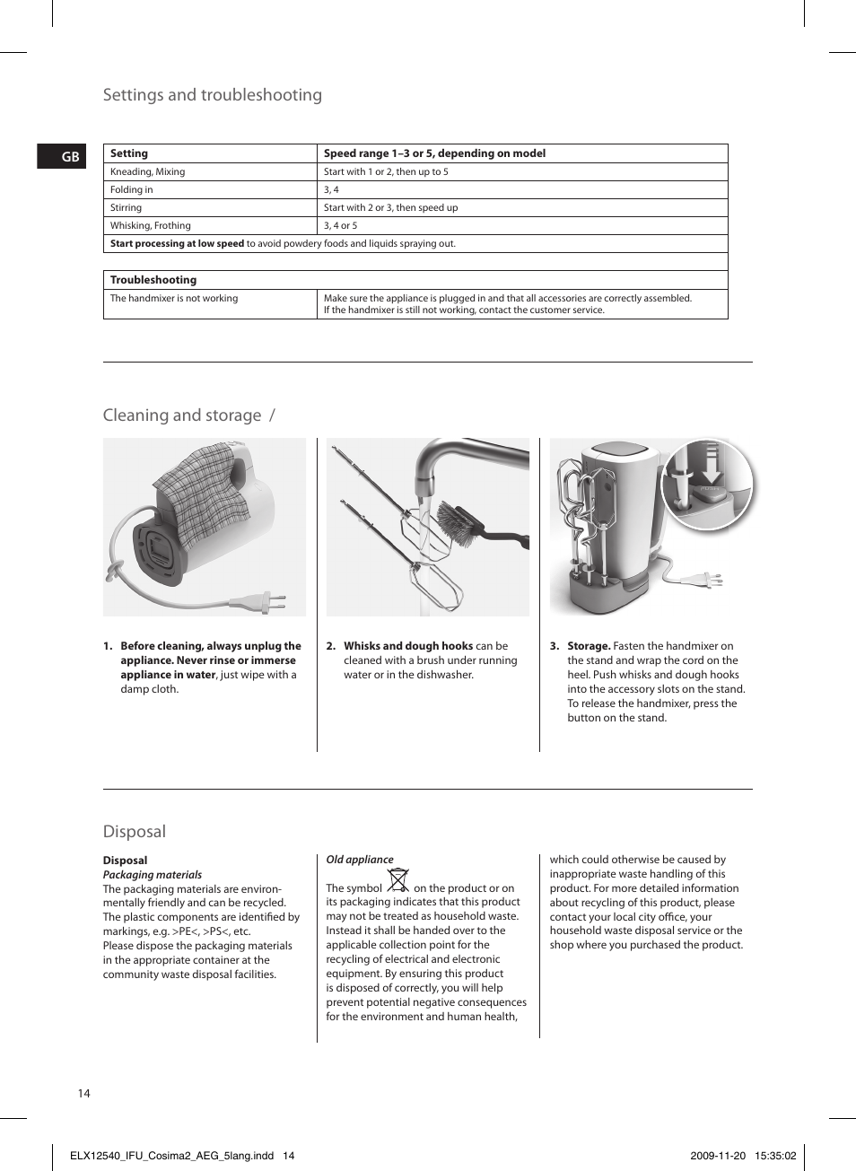 Ddeutschland, Garantiebedingungen für raumpflege-/kleingeräte, Settings and troubleshooting | Cleaning and storage, Disposal | AEG HM4200 User Manual | Page 14 / 24