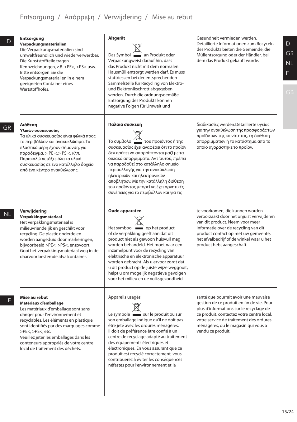 Entsorgung, Απόρριψη, Verwijdering | Mise au rebut | AEG STM6400 User Manual | Page 15 / 24